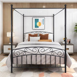 Queen Size Metal Canopy Bed Frame with Headboard and Footboard Black W84034157