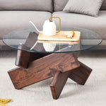 ZUN Round glass coffee table, 33.4" modern design unique coffee table. Tempered glass top with Walnut W1151P230572