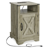 Farmhouse Nightstand Side Table, Wooden Rustic End Table, Tall Bedside Table with Electrical Outlets B082134938