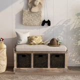 Rustic Storage Bench with 3 Removable Classic Rattan Basket , Entryway Bench with Removable Cushion 13131437
