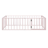 Twin Size Metal Floor Bed Frame with Fence and Door, Pink MF307108AAH