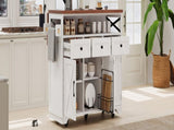 K&K 46.5'' Farmhouse Kitchen Island with Drape of Beads, Power Outlet, Rolling Kitchen Cart on N707P254872W