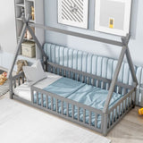 Twin Tent-shaped Floor Bed, Teepee Bed with Guardrails, Slats,Grey W504119495