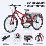 ZUN Adult Tricycle Bike,7-Speed Mountain Tricycle,26-Inch 3 Wheels,Comfortable Widen Saddle,Rear 57231285