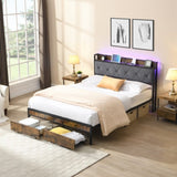 Full Bed Frame with Storage, Bed Frame with LED Lights Upholstered Headboard and 2 Drawers, USB & W311P284695