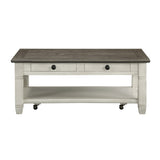 Rosy Brown and Antique White Finish 1pc Cocktail Table with Casters 2 Drawers Bottom Shelf Wooden B011P175703