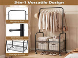 3-in-1 Rolling Clothes Rack with Storage Basket & Hooks, Metal Garment Rack for Laundry Bedroom 30051381