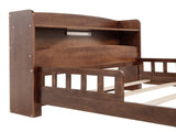 Full Pine Wood Bed with Bookcase Headboard ,LED Motion Sensor Light, Bed Guardrails,Walnut W504P281004
