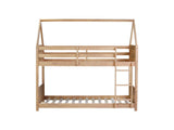 Twin Over Twin House Floor Bed with Headboards, Footboards and Guardrails, Ladder, Rubber Wood W504P227942