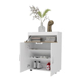 FM FURNITURE North Fork Shoe Rack, Pneumatic Lift-Up Compartment, Dual Doors, White and Natural Oak B128P301388