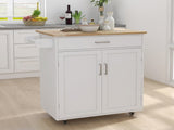 Kitchen island rolling trolley cart with Adjustable Shelves and towel rack rubber wood table top W28235386