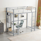 ZUN Twin Size Metal Loft Bed with Desk and Storage Shelves, 2 Built-in Ladders & Guardrails, Loft Bed 37145226