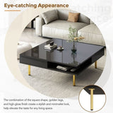 ZUN ON-TREND Exquisite High Gloss Coffee Table with 4 Golden Legs and 2 Small Drawers, 2-Tier Square WF315490AAB