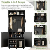 ON-TREND Farmhouse 4-in-1 Hall Tree with Barn Doors, Movable Bench with 7 Hanging Hooks and Shoe N721P205788B