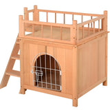 ZUN Natural Wood 2-Level Wooden Cat House with Lockable Wire Door 15770241