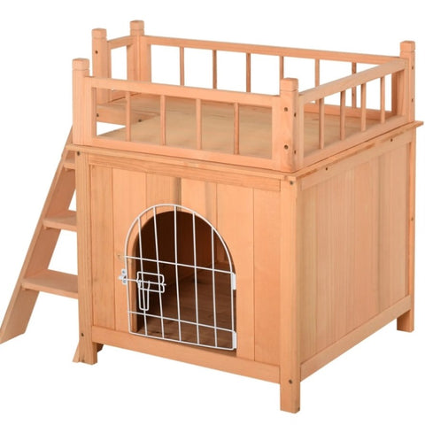 ZUN Natural Wood 2-Level Wooden Cat House with Lockable Wire Door 15770241