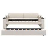 Twin Size Upholstery Daybed with Storage Arms, Trundle and USB Design, Beige 06512731