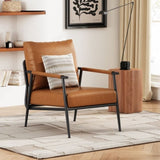 Mid-Century Modern Accent Chair with Brown Faux Leather Upholstery, Padded High Backrest, Metal N767P203868B