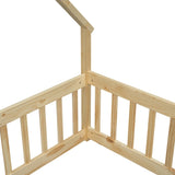 Full Wood House-Shaped Floor Bed with Fence, Guardrails,Natural W504P143295