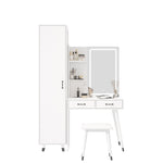 ZUN Makeup Vanity Table Slim Armoire Wardrobe Set, Dressing Table with LED Mirror Power Outlets 97156589