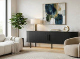 Black Embossed Particle Board TV Stand, Oval Tabletop 1473558cm, Entertainment Center with Slatted 39060699