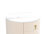 Upholsteredstand with 3 Drawers, Round Bedside Table with Metal Handles,Marbling Stickers Top N733P272609A