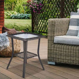 ZUN Outdoor Wicker Side Table, Rattan End Table with Glass Top, Patio Coffee Bistro Table for Indoor 75923325