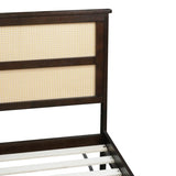 Queen Size Rubber Wooden, Solid Wooden Bed with Rattan Headboard, Enhanced by Support Feet,Espresso W504P252031
