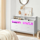 ZUN White Wood Tempered Glass Drawer Dresser with LED Light Strips & Charging Station & USB Ports Bed 58583809