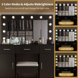 Vanity Desk Set with Large Lighted Mirror Powre Outlet, Glass Top Makeup Vanity with 3 Drawers 61795996