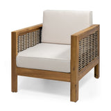 Outdoor Acacia Wood Club Chair with Wicker Accents, Teak Finish Mixed Brown Beige, 30.25"D x 68942.00BGE