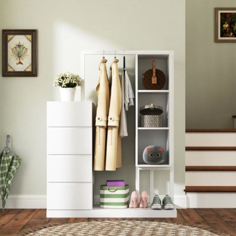 ZUN Wardrobe with Hanging Rack & Shelves, 4 Drawers Wardrobe with Storage Shelves for Bedroom, Wardrobe W331P235143