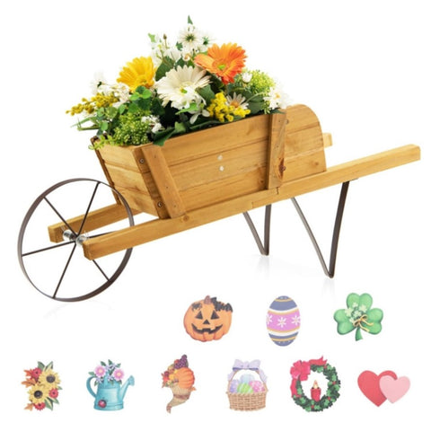 ZUN 2 In 1 Wheelbarrow Planter,Wooden Wagon Planter with 9 Magnetic Accessories for Garden Yard 69706823