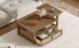 U-Can Modern Coffee Table, Coffee Table with 1 Storage Shelf, 2 Tabletops and 1 Rattan Drawer For N724P232190D