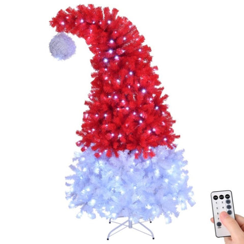 ZUN 6 FT Santa Hat Style Pre-lit Christmas Tree, Hinged Artificial Xmas Tree Pine Tree with 300 Lights, 25865681