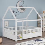 Full Size Floor Wooden Bed with House Roof Frame, Fence Guardrails,White W1858123986