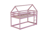 Twin over Twin Rubber Wood Floor Bunk Bed, with ladder,Guardrails,House-Shaped-Bunk Bed,Pink W504P206867