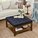 ZUN Upholstered Coffee Table Tufted Linen Large Square Ottoman with Beech Wood Shelf and Frame, W2353P183873