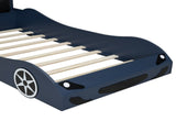 Wood Twin Size Race Car-Shaped Platform Bed with LED and Upholstered Backrest, Blue 38200943
