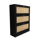 ZUN Modern 3 Drawer, Rattan Shoe Cabinet in Ebony MDF Wood Grain B064P182636