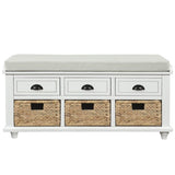 ZUN Rustic Storage Bench with 3 Drawers and 3 Rattan Baskets, Shoe Bench for Living Room, Entryway 95127961