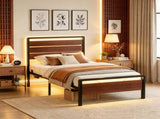 Twin Size Metal Wood Platform Bed Frame, 3-Panel Reddish Brown Wood Grain Headboard with LED Light & 40743771