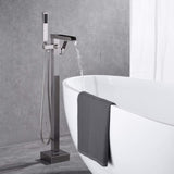 Bathroom Freestanding Waterfall Tub filler Brushed Nickel Floor Mount Faucet with Hand Shower W122453934