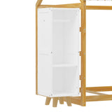 Wooden Twin Size House Bed with Fence and Roof, Kids Floor Bed with Two Movable Wardrobes, Natural N733P240134M