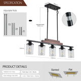 Farmhouse Industrial 5-Light Kitchen Island Pendant Light, Metal Wood Chandelier with Clear Glass W1340P206717
