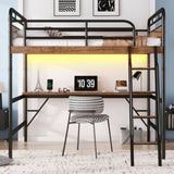Full Size Metal Loft Bed with Desk, Metal Loft Bed with LED Light and Charge Station,Black W2580P286695