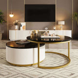 Modern Round Nesting Coffee Table Fluted with Drawer in Black & Gold in 27.6" N735P254992B