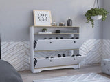 Shoe Rack 46" H, One Open Storage Shelf, Two Internal Storage Drawers, Two Doors, Light Oak / White B097133215