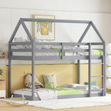 Twin over Twin Rubber Wood Floor Bunk Bed, with ladder,Guardrails,House-Shaped-Bunk Bed,Grey W504P206863