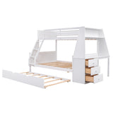 ZUN Twin over Full Bunk Bed with Trundle and Built-in Desk, Three Storage Drawers and Shelf,White 26505764